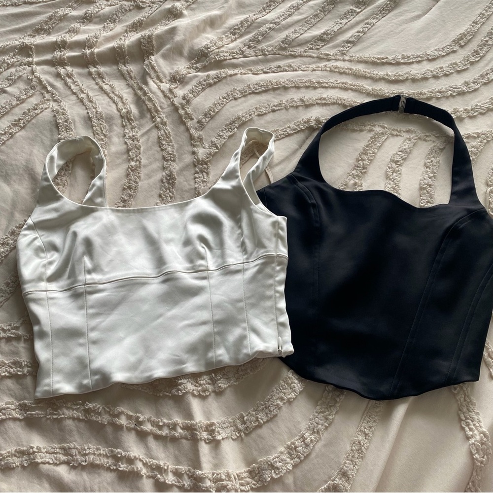 Aritzia Wilfred set of 2 Black Halter Crop Top and White Square-Neck Crop Top